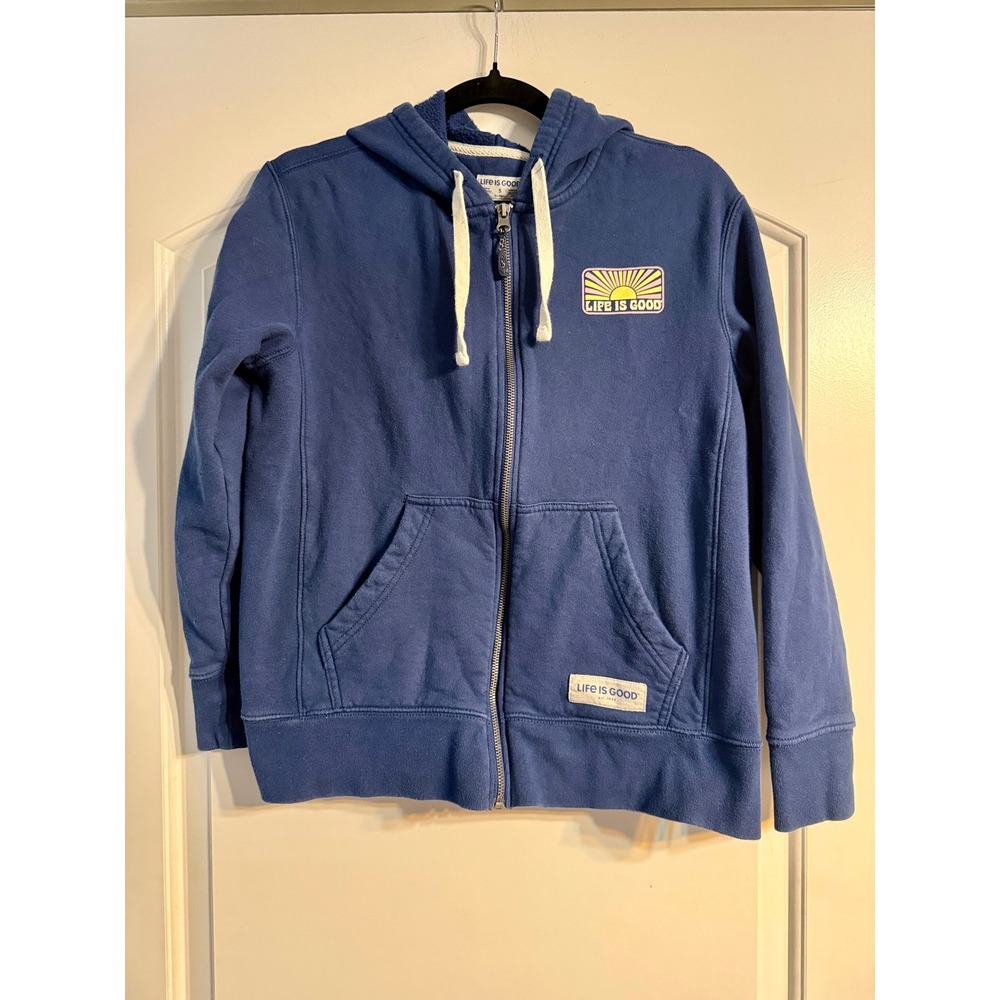 Life is Good Full Zip Hoodie Small Blue Sunburst Graphic Retro Comfy Casual